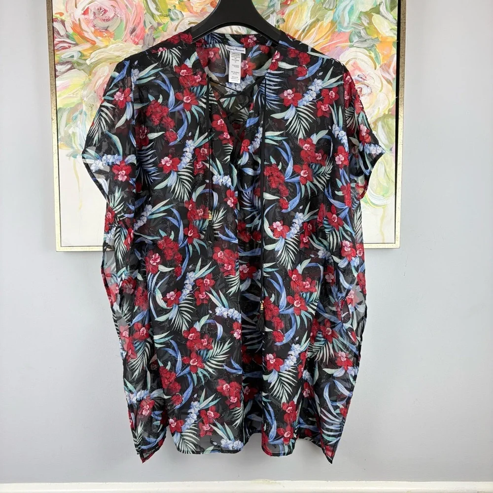 Tommy Bahama Black Floral Lace-Up Swim Coverup